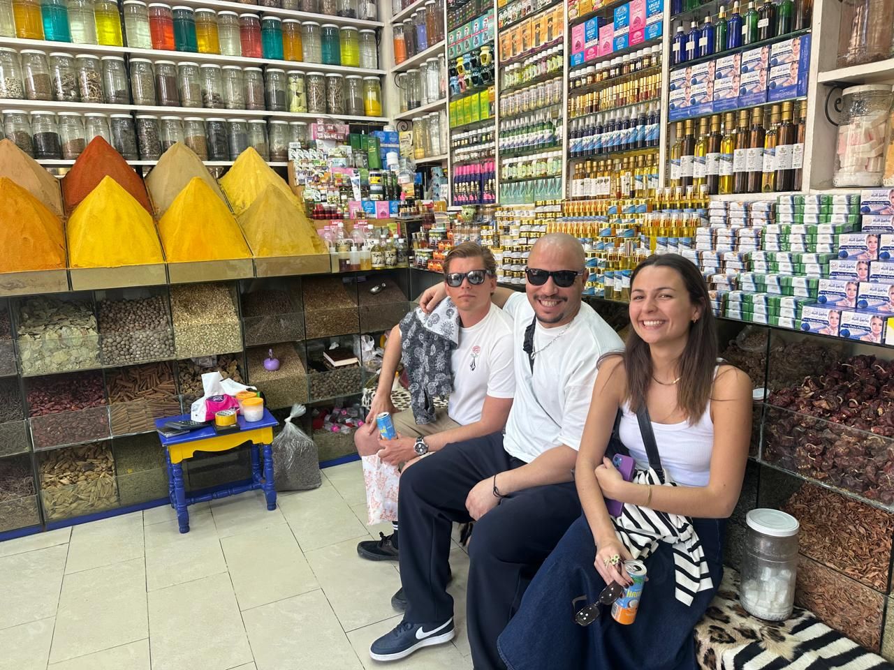 Haitam with tourists in Marrakech spice shop