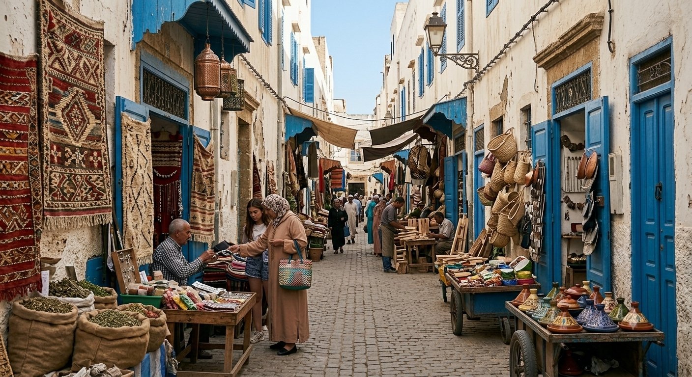 Essaouira Morocco – blue and white medina streets with spices, rugs and artisan shops