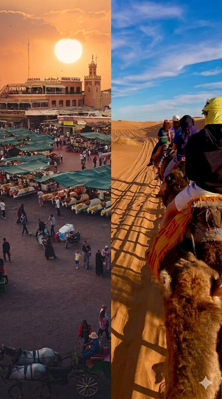 Morocco vacation package €600 – Marrakech Djemaa el-Fna and Merzouga Erg Chebbi desert with camels